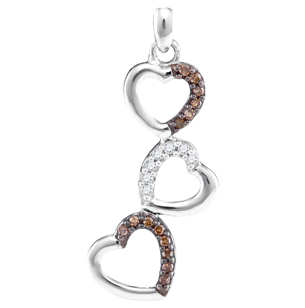 10K Yellow Or White Gold Womens Round Brown Diamond Triple Heart Pendant 1/6 Cttw