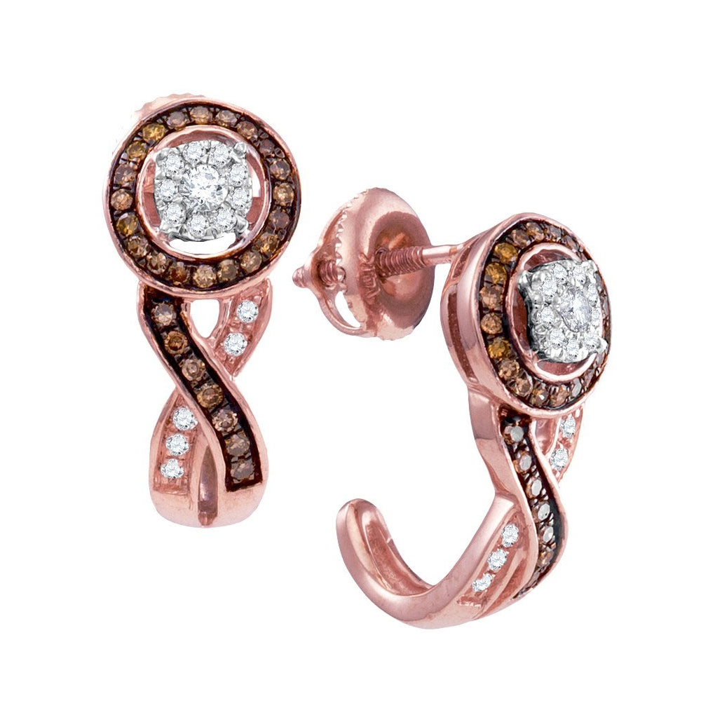 10K Rose Gold Womens Round Brown Diamond Cluster J Hoop Earrings 3/8 Cttw