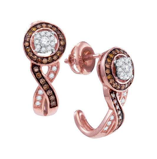 10K Rose Gold Womens Round Brown Diamond Cluster J Hoop Earrings 3/8 Cttw