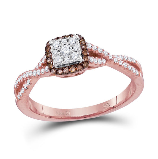 14K Rose Gold Womens Round Brown Diamond Twist Cluster Ring 1/3 Cttw, Womens Size: 5-10