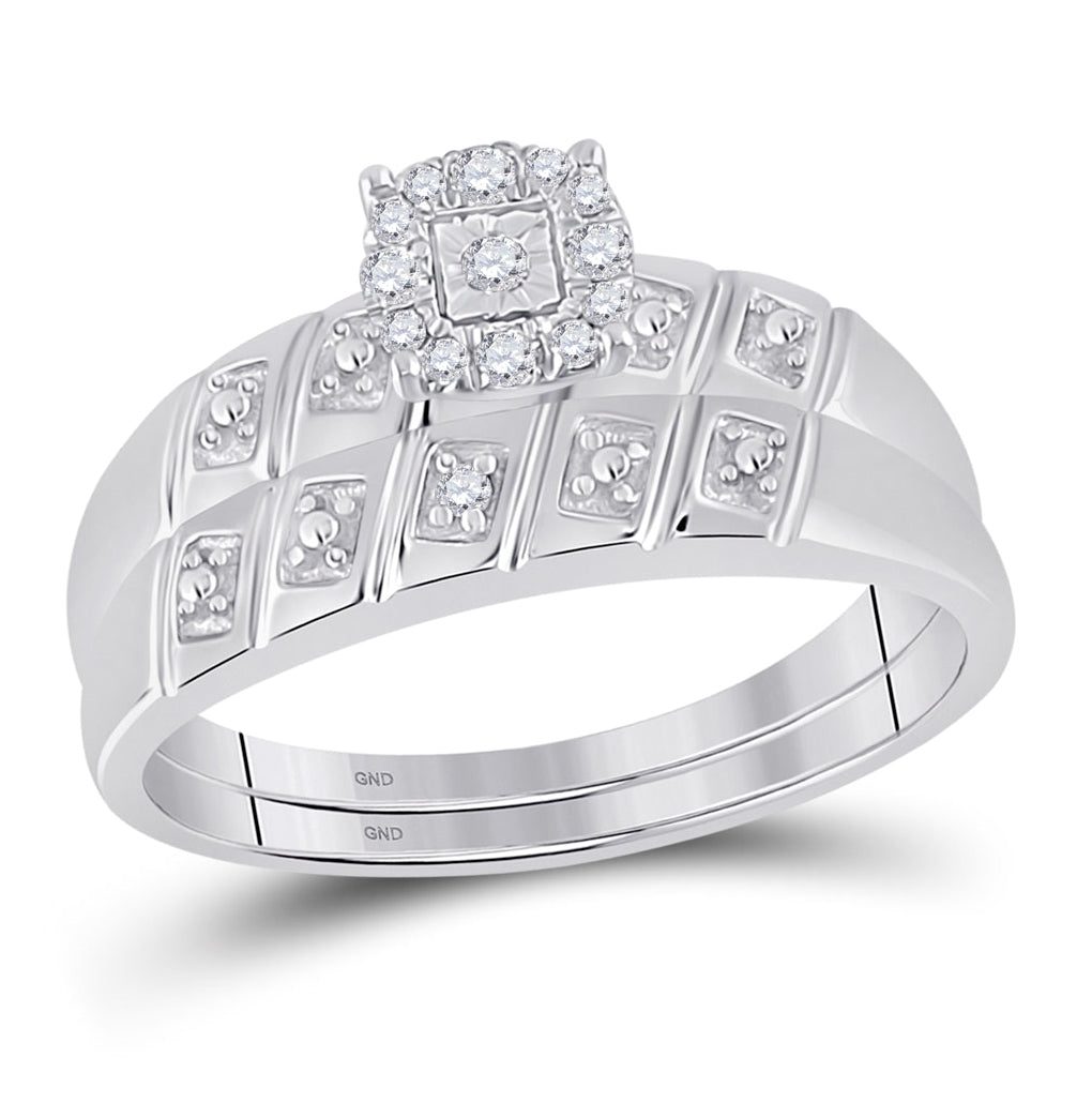 Sterling Silver His Hers Round Diamond Cluster Matching Wedding Set 1/10 Cttw, Womens Size: 5-10, Mens Size: 7-13
