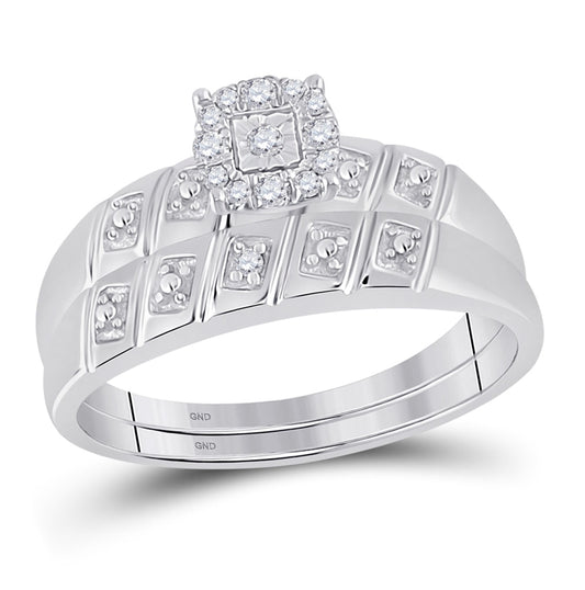 Sterling Silver His Hers Round Diamond Cluster Matching Wedding Set 1/10 Cttw, Womens Size: 5-10, Mens Size: 7-13