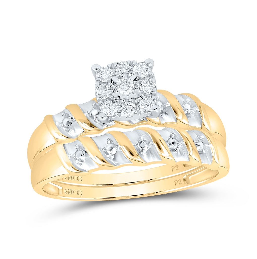 10K Yellow Gold His Hers Round Diamond Solitaire Matching Wedding Set 1/8 Cttw, Womens Size: 5-10, Mens Size: 7-13