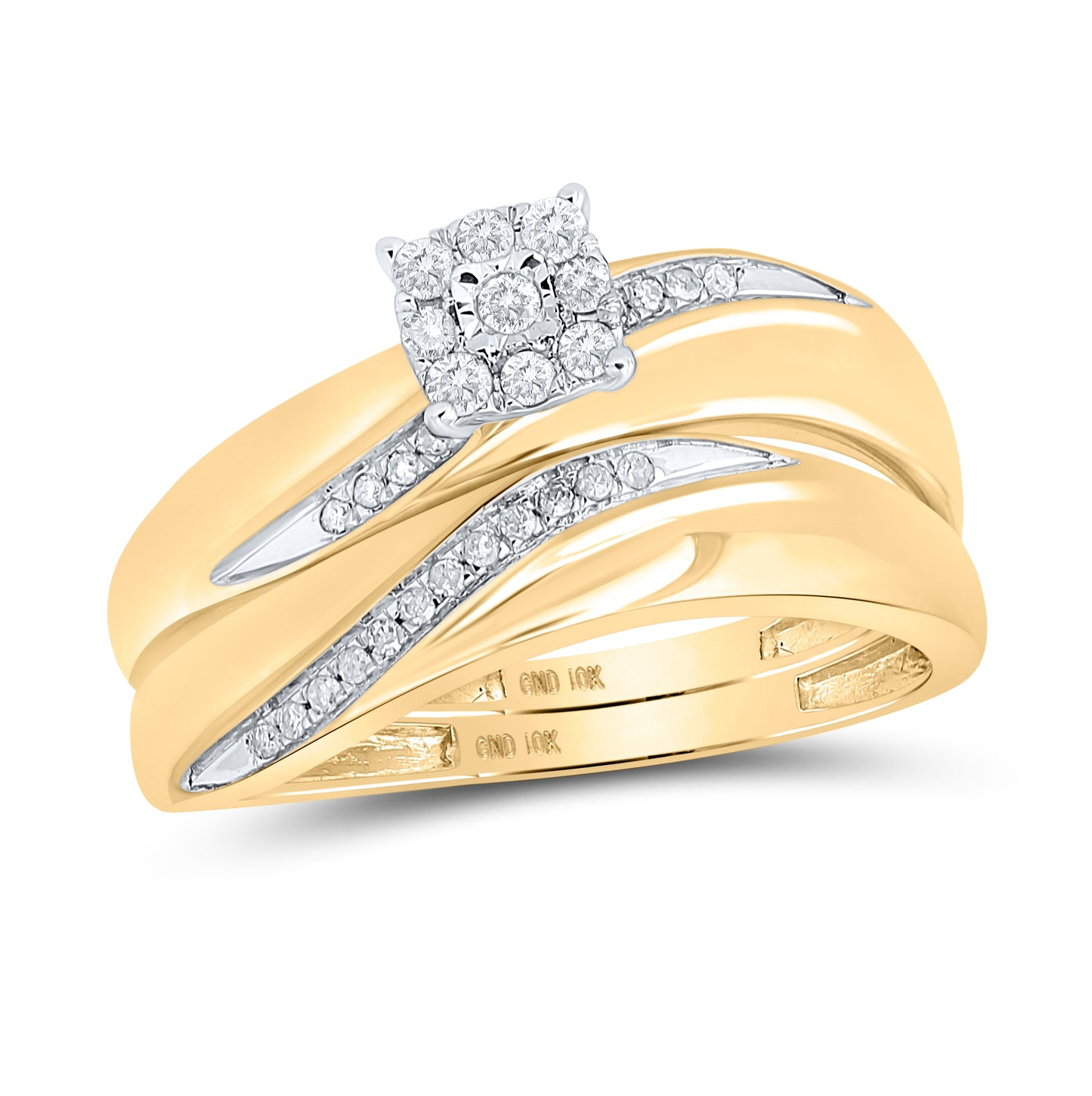 10K Yellow Gold His Hers Round Diamond Cluster Matching Wedding Set 1/5 Cttw, Womens Size: 5-10, Mens Size: 7-13