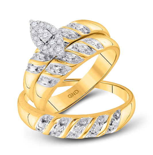 10K Yellow Gold His Hers Round Diamond Cluster Matching Wedding Set 1/8 Cttw, Womens Size: 5-10, Mens Size: 7-13