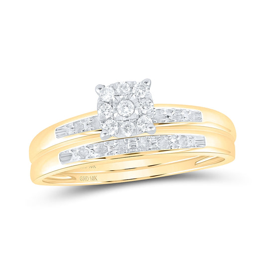 10K Yellow Gold His Hers Round Dia. Cluster Matching Wedding Set 1/10ctw, Women's Size: 5-10, Men's Size: 7-13
