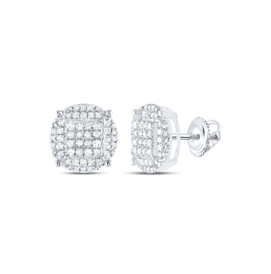 Sterling Silver Round Diamond Cluster Earrings 1/2 Cttw