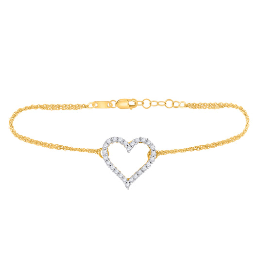 10K Yellow Gold Womens Round Diamond Heart Bracelet 1/8 Cttw, Length: 7.14 In, Width: 0.41 In