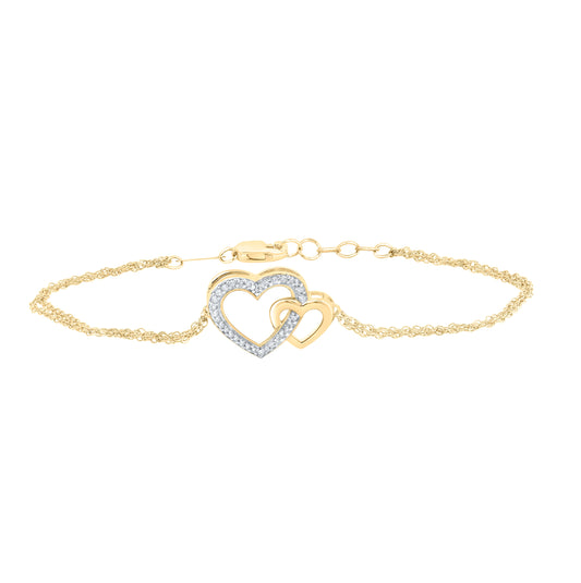 10K Yellow Gold Womens Round Diamond Double Heart Bracelet 1/10 Cttw