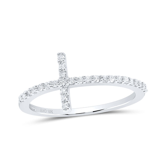 10K White Gold Womens Round Diamond Cross Religious Band Ring 1/5 Cttw, Womens Size: 5-10