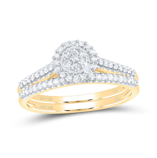 10K Yellow Gold Round Diamond Cluster Bridal Wedding Ring Band Set 1/3ctw, Womens Size: 5-10
