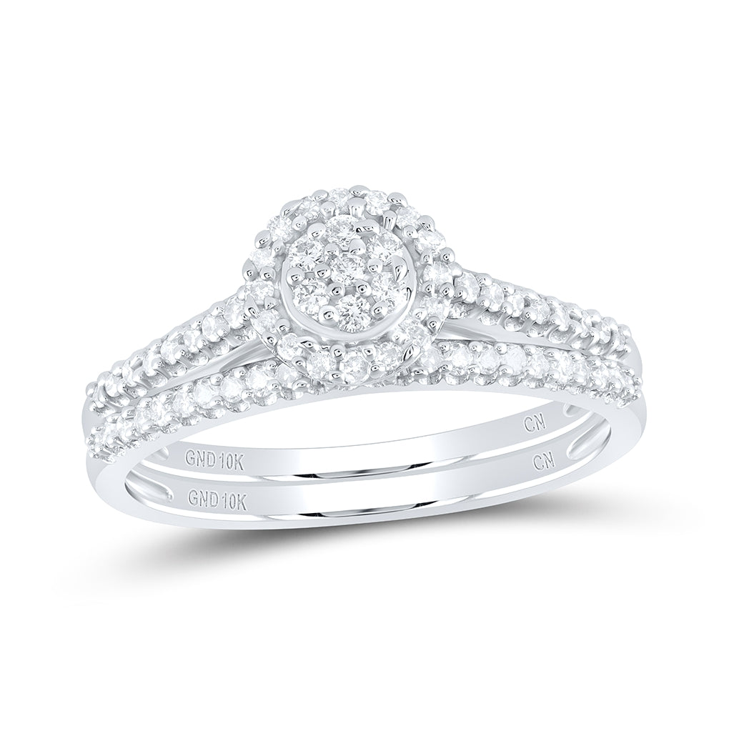 10K White Gold Round Diamond Cluster Bridal Wedding Ring Band Set 1/3ctw, Womens Size: 5-10