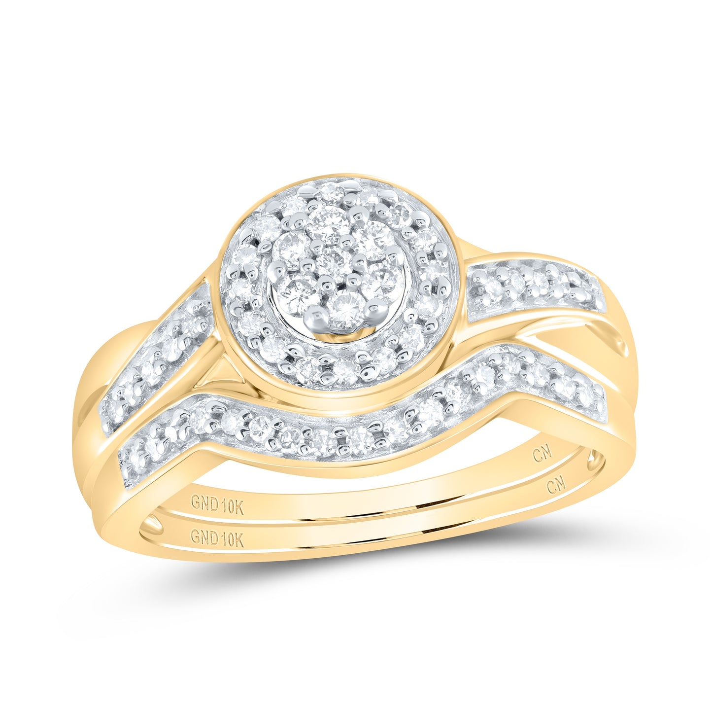10K Yellow Gold Round Diamond Cluster Bridal Wedding Ring Band Set 1/3 Cttw, Womens Size: 5-10