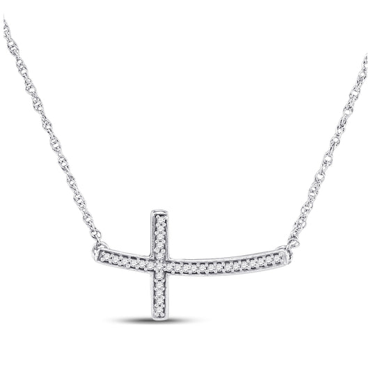 10K White Gold Womens Round Diamond Horizontal Cross Pendant Necklace 1/10 Cttw, Length: 0.44 In, Width: 0.77 In