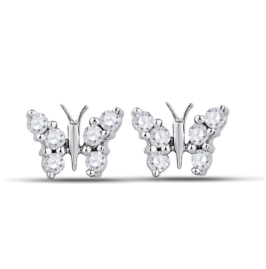 10K White Gold Womens Round Diamond Butterfly Earrings 1/5 Cttw, Length: 0.2 In, Width: 0.26 In