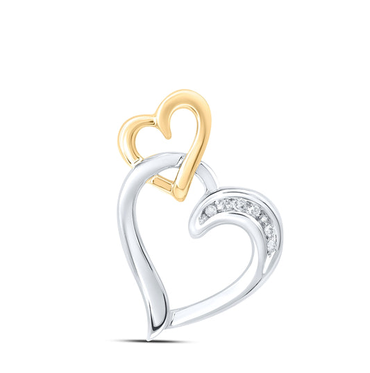 Two-tone Sterling Silver Womens Round Diamond Double Heart Pendant .03ctw, Width: 0.48 In