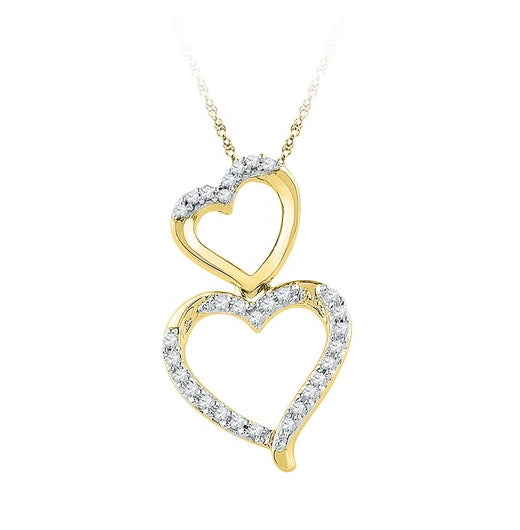 10kt Yellow Gold Womens Round Diamond Double Stacked Heart Pendant 1/6 Cttw