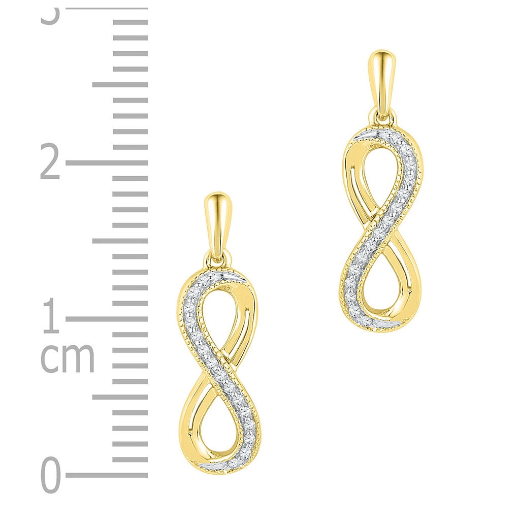 10K Yellow Gold Womens Round Diamond Infinity Dangle Earrings 1/10 Cttw