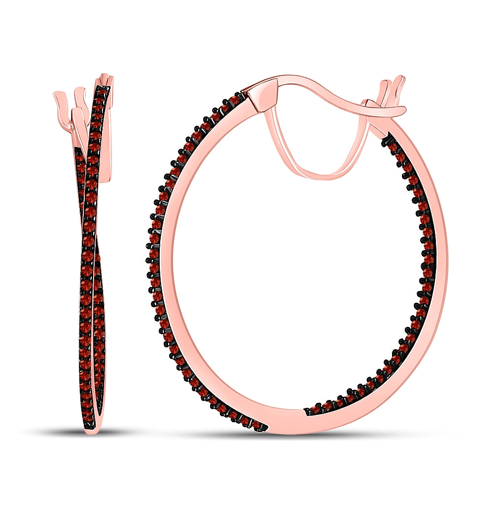10K Rose Gold Womens Round Red Color Enhanced Diamond Hoop Earrings 1/3 Cttw