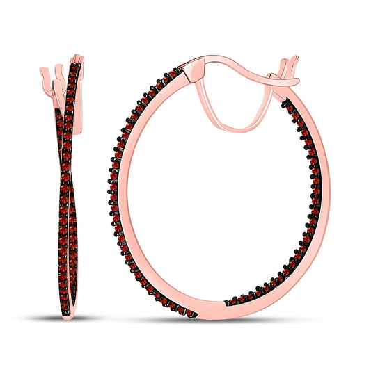 10K Rose Gold Womens Round Red Color Enhanced Diamond Hoop Earrings 1/3 Cttw