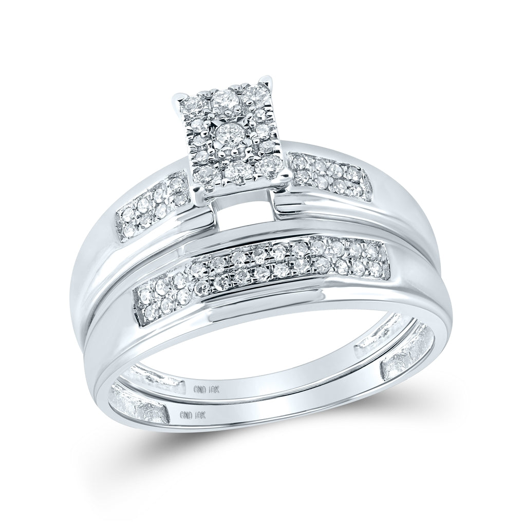 10K White Gold His Hers Round Diamond Cluster Matching Wedding Set 1/3 Cttw, Womens Size: 5-10, Mens Size: 7-13