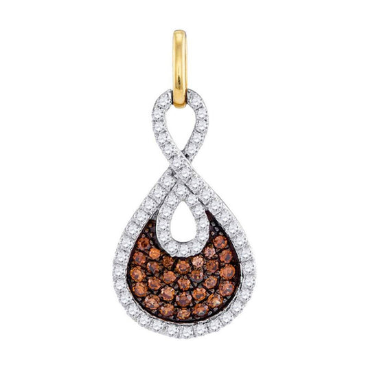 10kt White Gold Womens Round Brown Diamond Teardrop Pendant 1/2 Cttw