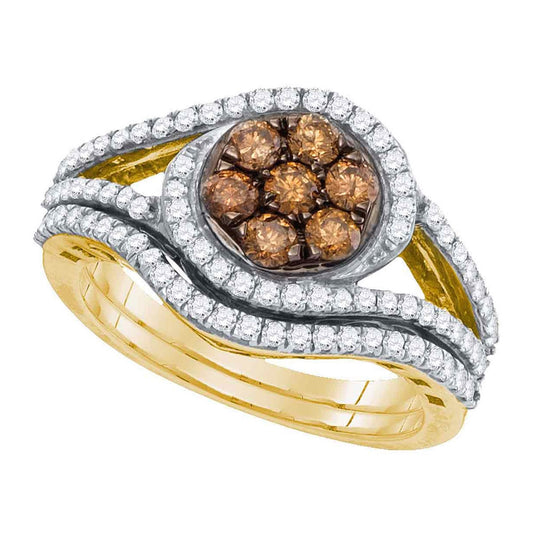 10kt Yellow Gold Women's Round Brown Diamond Bridal Wedding Engagement Ring Band Set 1.00ctw