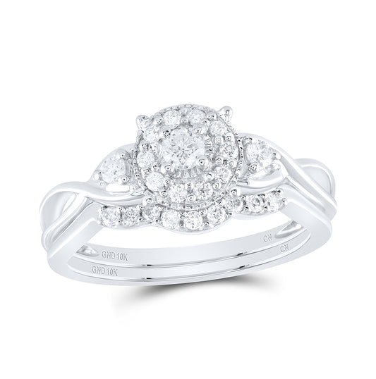 10k White Gold Round Diamond Cluster Bridal Wedding Ring Band Set 1/3ctw, Womens Size: 5-10