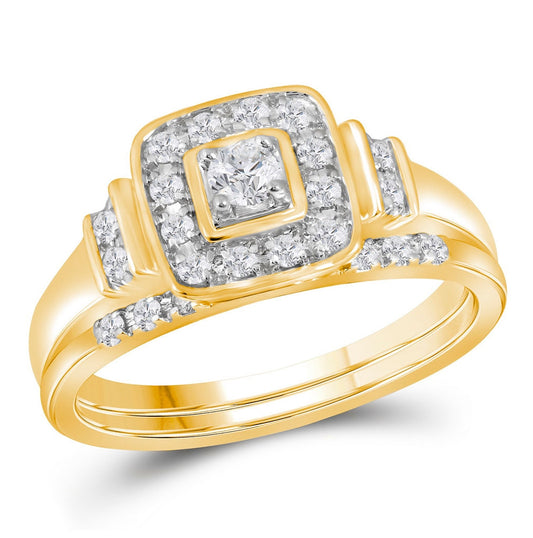 10kt Yellow Gold Womens Round Diamond Solitaire Square Bridal Wedding Engagement Ring Band Set 1/3 Cttw
