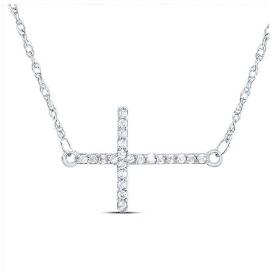 10K White Gold Womens Round Diamond Horizontal Cross Necklace 1/20 Cttw, Length: 17.5 In, Width: 0.61 In