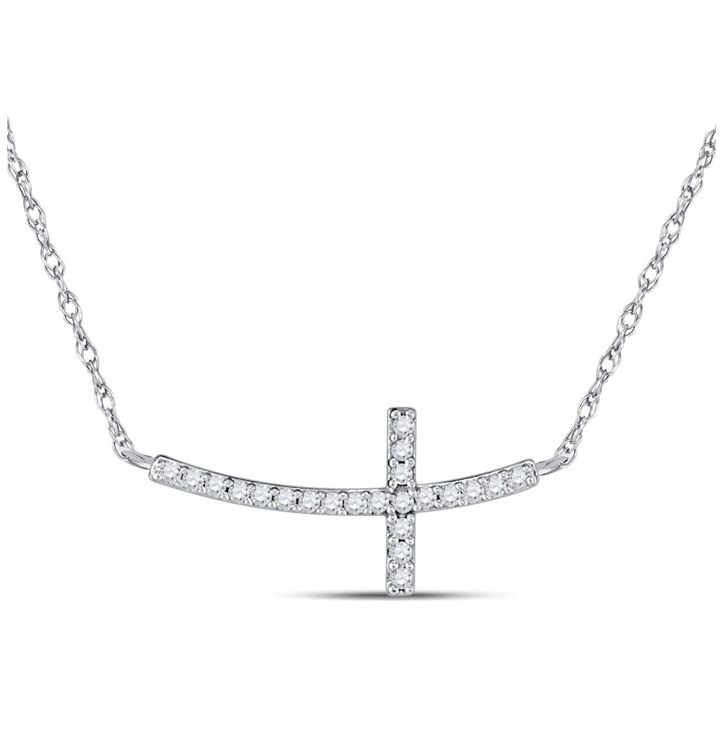 10kt White Gold Womens Round Diamond Small Horizontal Cross Pendant Necklace 1/20 Cttw