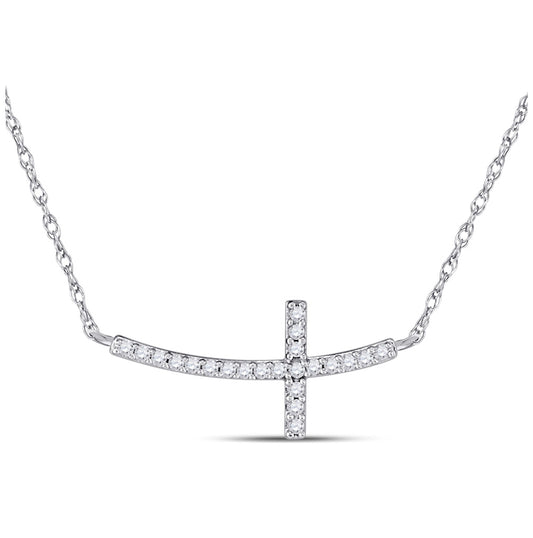 10kt White Gold Womens Round Diamond Small Horizontal Cross Pendant Necklace 1/20 Cttw