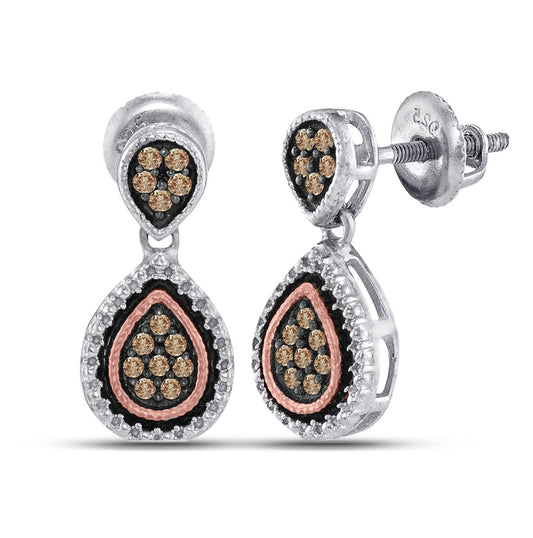 Sterling Silver Womens Round Brown Diamond Teardrop Dangle Earrings 1/5ctw