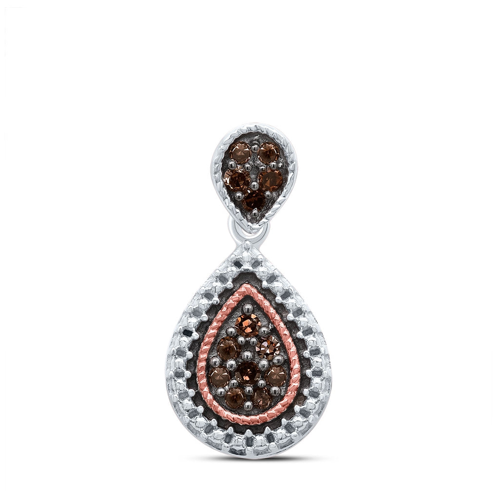Sterling Silver Womens Round Brown Diamond Teardrop Cluster Pendant 1/6ctw
