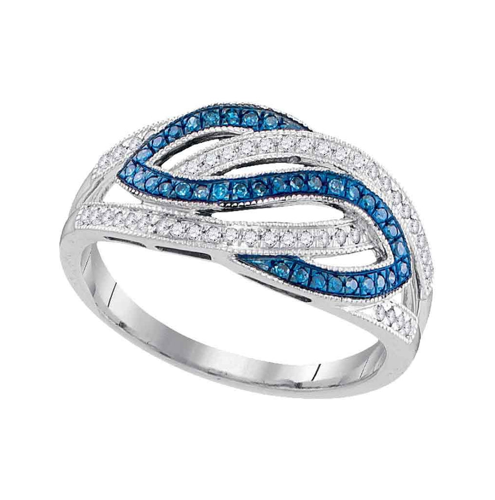 10kt White Gold Womens Round Blue Color Enhanced Diamond Woven Crossover Ring 1/4 Cttw