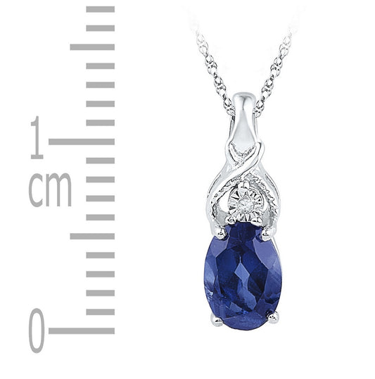 10K White Gold Womens Oval Synthetic Blue Sapphire Solitaire Diamond Pendant 7/8 Cttw