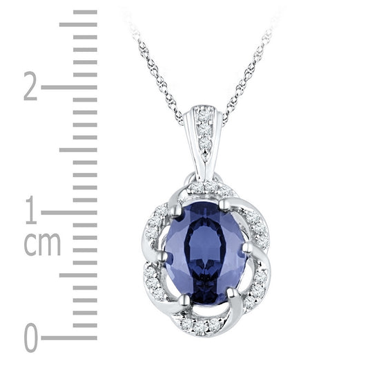10K White Gold Womens Oval Synthetic Blue Sapphire Solitaire Diamond Pendant 1-3/4 Cttw, Width: 0.36 In