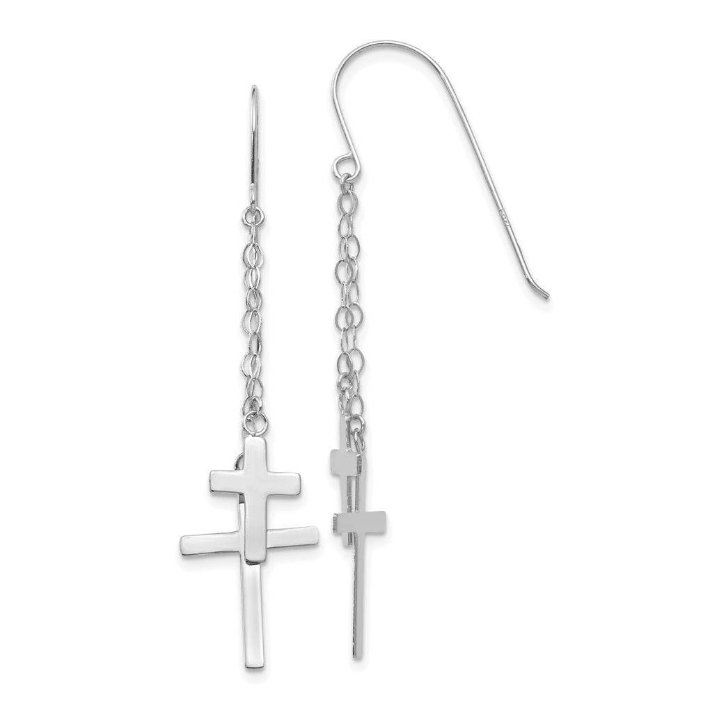 14K White Gold Chain Dangle Cross Shepherd Hook Earrings – Elegant Jewelry Gift for Birthday, Anniversary, Engagement, Wedding