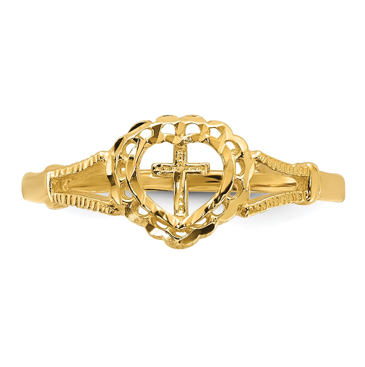 14K Yellow Gold Diamond-Cut Childs Heart & Cross Ring