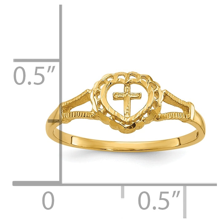 14K Yellow Gold Diamond-Cut Childs Heart & Cross Ring