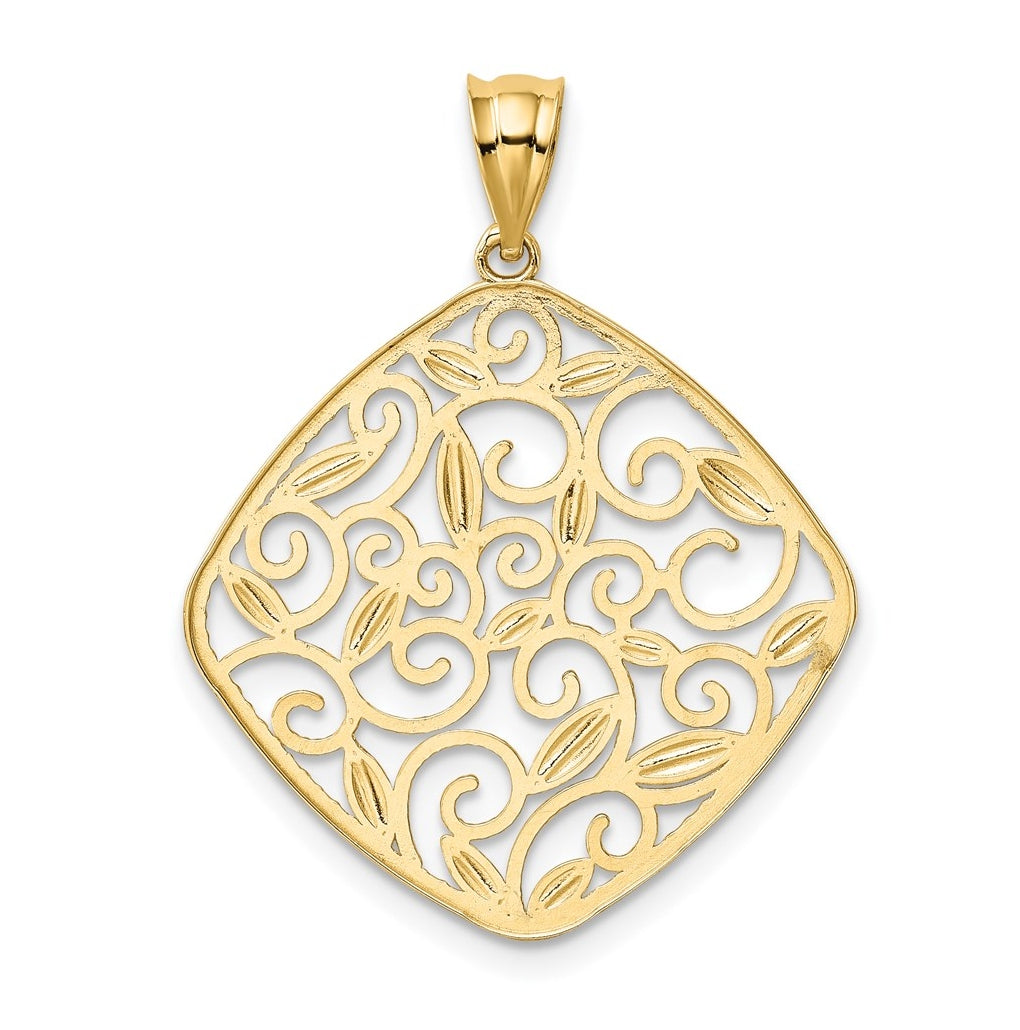 14k Yellow & Rhodium Diamond-Cut Filigree Swirl Pendant – Elegant Jewelry Gift for Birthday, Anniversary, Engagement, Wedding