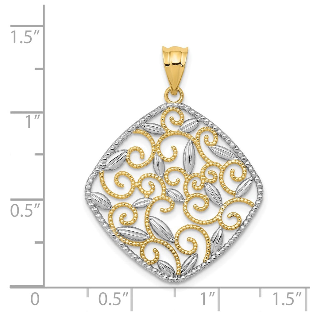 14k Yellow & Rhodium Diamond-Cut Filigree Swirl Pendant – Elegant Jewelry Gift for Birthday, Anniversary, Engagement, Wedding