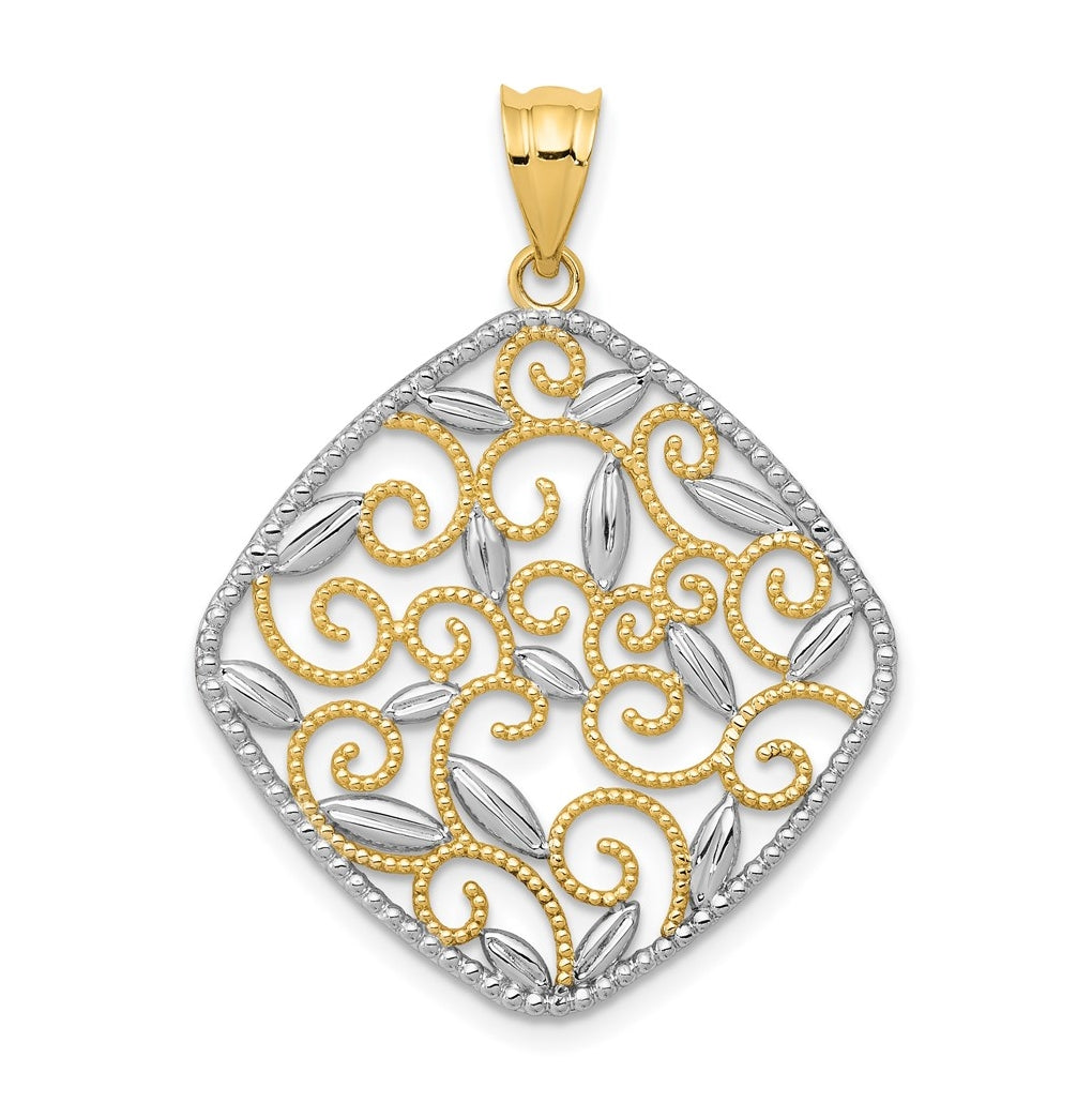 14k Yellow & Rhodium Diamond-Cut Filigree Swirl Pendant – Elegant Jewelry Gift for Birthday, Anniversary, Engagement, Wedding