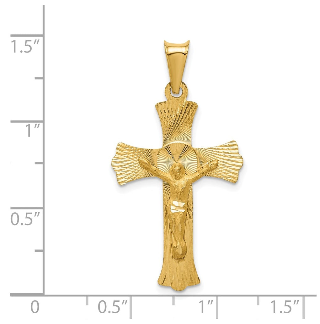 14K Yellow Gold Polished Satin and Diamond Cut Crucifix Pendant – Elegant Jewelry Gift for Birthday, Anniversary, Engagement, Wedding