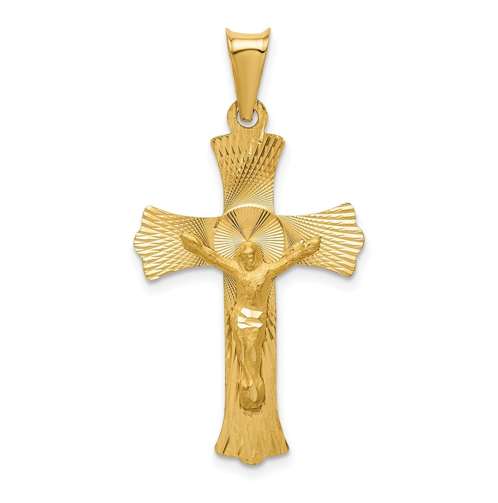 14K Yellow Gold Polished Satin and Diamond Cut Crucifix Pendant – Elegant Jewelry Gift for Birthday, Anniversary, Engagement, Wedding