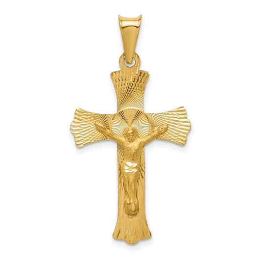 14K Yellow Gold Polished Satin and Diamond Cut Crucifix Pendant – Elegant Jewelry Gift for Birthday, Anniversary, Engagement, Wedding