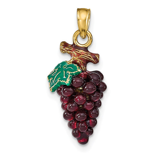 14K Yellow Gold 3-D ENAMEL PURPLE GRAPES W/STEM & LEAF