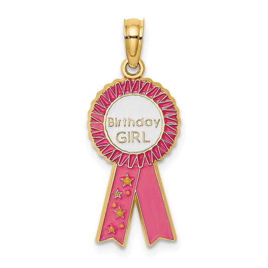 14K Yellow Gold Enamel BIRTHDAY GIRL Pink Ribbon Charm