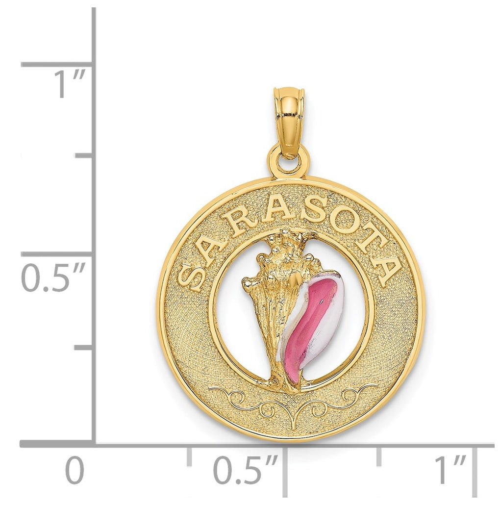14K Yellow Gold SARASOTA Circle w/ Enamel Conch Shell Charm – Elegant Jewelry Gift for Birthday, Anniversary, Engagement, Wedding