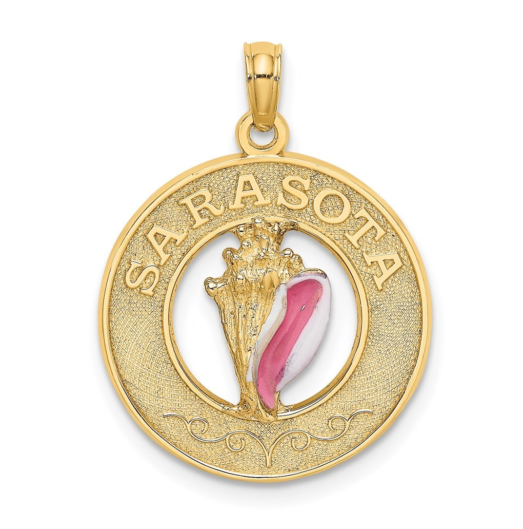 14K Yellow Gold SARASOTA Circle w/ Enamel Conch Shell Charm – Elegant Jewelry Gift for Birthday, Anniversary, Engagement, Wedding